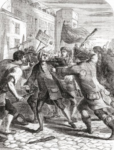 Uczestnicy zamieszek „bez papiestwa” atakujący członków parlamentu w Palace Yard w Westminster w Londynie podczas zamieszek Gordona w 1780 r. autorstwa English School