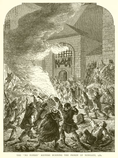 Buntownicy o zakaz papiestwa palący więzienie Newgate, 1780 r autorstwa English School