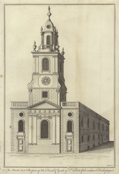 North East Prospect kościoła parafialnego St Botolph bez Bishopsgate, Londyn autorstwa English School