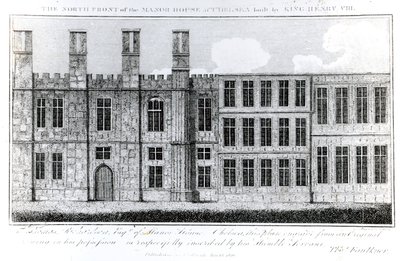 Front północny Manor House w Chelsea zbudowany przez króla Henryka VIII, rytowany przez J. Barlowa, ilustracja w A Historical and Topographical Account of Chelsea and its Environs autorstwa Thomasa Faulknera, autorstwa English School