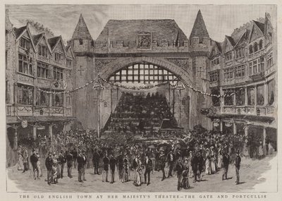 Stare Angielskie Miasto przy Teatrze Jej Królewskiej Mości, Bramie i Portcullis (rycina) autorstwa English School