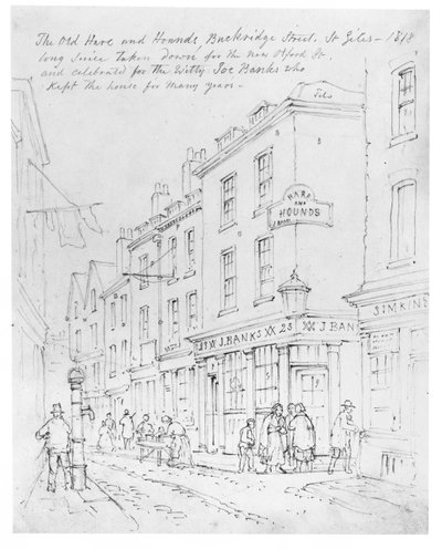 Stary Zając i Ogary, Buckridge Street, St Giles w 1818 r. (rysunek) autorstwa English School