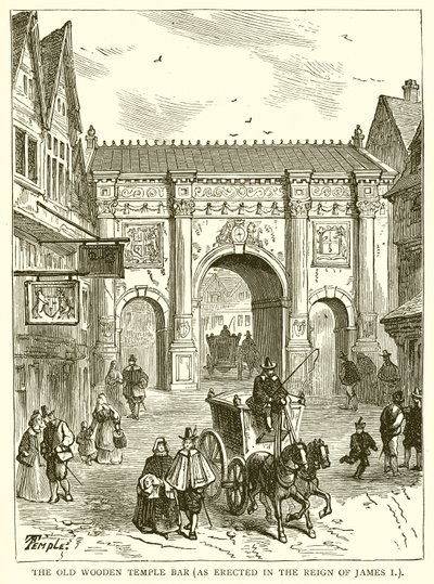 Stary drewniany Temple Bar (wzniesiony za panowania Jakuba I) autorstwa English School