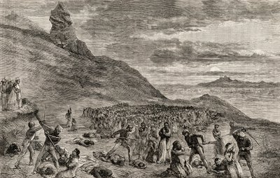 Prześladowania i masakra chrześcijan na Madagaskarze w 1849 r., ok. 1865 r. (drewno) autorstwa English School