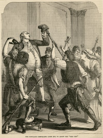 Ludność zmusza Ludwika XVI do przyjęcia czerwonej czapki, 1792 autorstwa English School