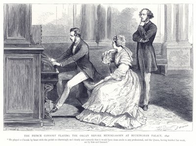 Książę małżonek grający na organach przed Mendelssohnem w Pałacu Buckingham, 1842 autorstwa English School