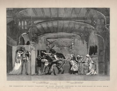 Produkcja „Falstaffa” Giuseppe Verdiego w Mediolanie, Falstaff ukryty w Koszu Buck w Domu Forda. Ilustracja do grafiki autorstwa English School