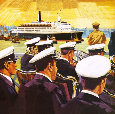 QE2 przybywające do portu w Nowym Jorku na wyspie Manhattan autorstwa English School