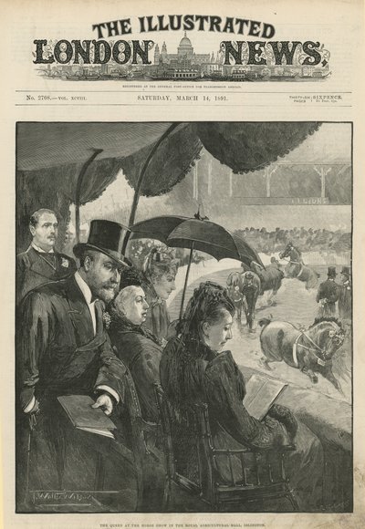 Królowa na pokazie koni w Królewskiej Sali Rolniczej autorstwa English School