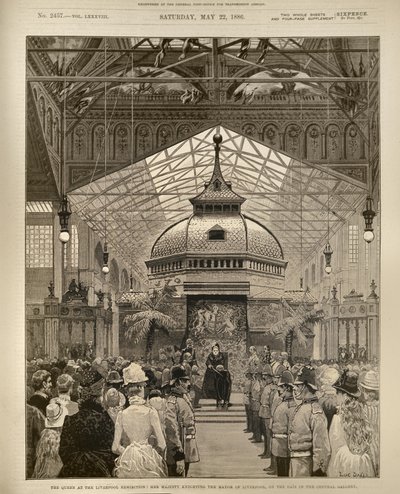 Królowa na wystawie w Liverpoolu: Her Majesty Knighting burmistrza Liverpoolu na podium w Galerii Centralnej, z The Illustrated London News, 22 maja 1886 autorstwa English School