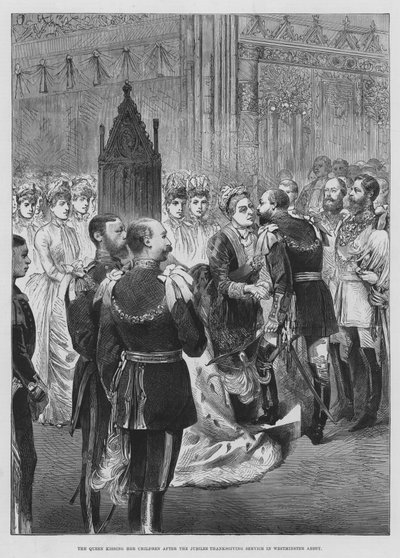 Królowa całująca swoje dzieci po Jubileuszowym Nabożeństwie Dziękczynienia w Opactwie Westminsterskim (rycina) autorstwa English School
