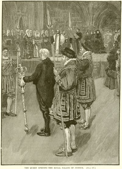 Królowa otwierająca Królewski Pałac Sprawiedliwości autorstwa English School