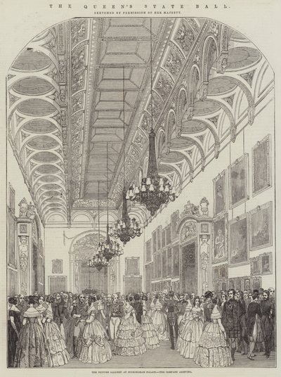 Bal Stanowy Królowej, Galeria Obrazów w Pałacu Buckingham, przybycie Firmy (grawerowanie) autorstwa English School