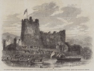 Wizyta królowej w Irlandii, wejście Jej Królewskiej Mości do zamku Ross, Lakes of Killarney (rycina) autorstwa English School