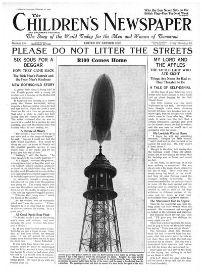 Sterowiec R100 wraca do domu, pierwsza strona „Gazety Dziecięcej”, luty 1930 (druk gazetowy) autorstwa English School