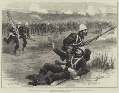 The Reconnaiss in Force, 5 sierpnia, Royal Marines cofają się pod koniec dnia, pod ciężkim ogniem (rycina) autorstwa English School
