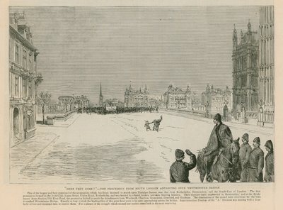 Zamieszki na Trafalgar Square: Here they Come – procesja z południowego Londynu zbliżająca się przez most Westminster Bridge autorstwa English School