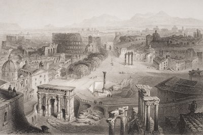 Forum Romanum ze Wzgórza Kapitolińskiego w Rzymie, rycina A. Willmore autorstwa English School