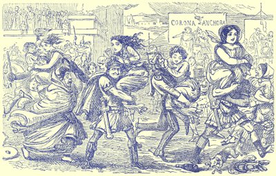 The Romans Walking off with the Sabine Women, ilustracja z The Comic History of Rome autorstwa Gilberta Abbotta a Becketta, opublikowana ok. 1850 r. (obraz ulepszony cyfrowo) autorstwa English School