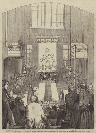 Zgoda królewska udzielona przez Komisję do New Corn Bill, w Izbie Lordów, piątek, 26 czerwca 1846 (rycina) autorstwa English School