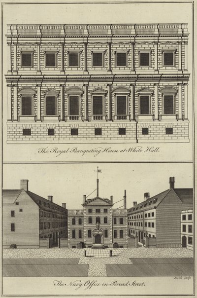 Royal Banqueting House w Whitehall i Biuro Marynarki Wojennej na Broad Street w Londynie autorstwa English School