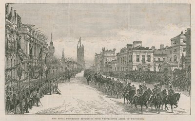 Procesja królewska powracająca z Opactwa Westminsterskiego w górę Whitehall autorstwa English School