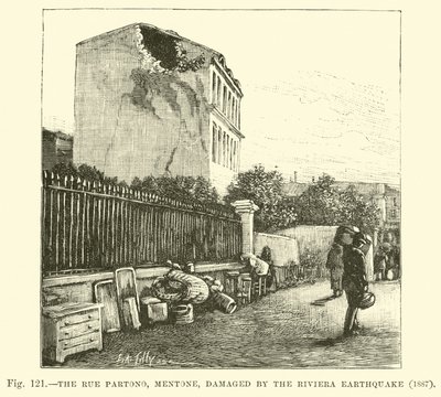 Rue Partono, Mentone, zniszczona przez trzęsienie ziemi na Riwierze, 1887 autorstwa English School