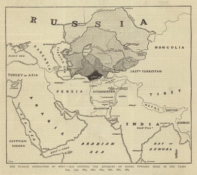 Rosyjska aneksja Merw, mapa przedstawiająca postępy Rosji w kierunku Indii w latach 1734, 1836, 1863, 1867, 1874, 1876, 1881, 1884 autorstwa English School