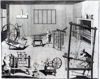 Druga tablica manufaktury wełnianej przedstawiająca sztukę przędzenia, nawijania, wypaczania i tkania tkaniny wełnianej, grawerowana dla „The Universal Magazine”, 1749 autorstwa English School