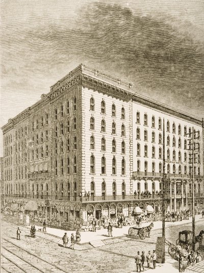 The Sherman Hotel, Chicago, ok. 1870, z „American Pictures” wydanego przez religijne Towarzystwo Traktu, 1876 autorstwa English School
