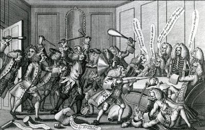 Oblężenie Warwick-Castle, czyli bitwa między stypendystami i licencjatami, 1768 autorstwa English School