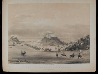 Potyczka w Driekoppen, niedaleko Zwaartkopjes, 1845, sztychowana przez Paula Gauci (1834-66), opublikowana ok. 1845 autorstwa English School