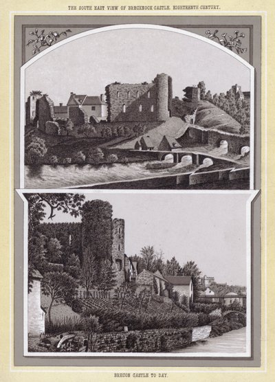 Widok południowo-wschodni zamku Brecknock, XVIII wiek; Zamek Brecon do dnia dzisiejszego (lito) autorstwa English School