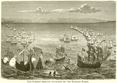 Hiszpańska Armada zaatakowana przez angielską flotę autorstwa English School