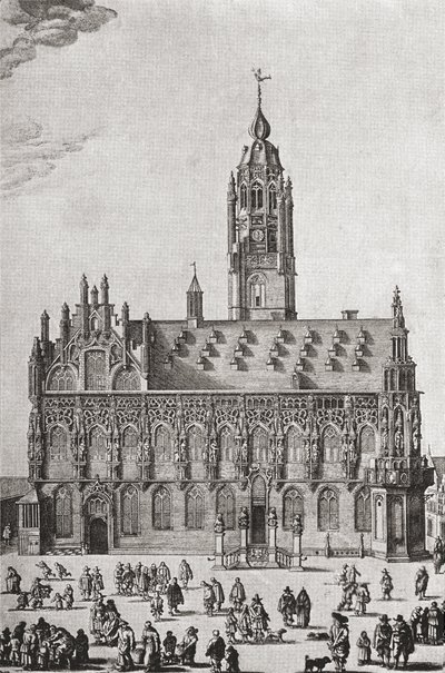 Stadhuis, Middelburg, tak jak w XVI wieku, z „Krótkiej historii narodu angielskiego” J. R. Greena, opublikowanej w 1893 r. autorstwa English School