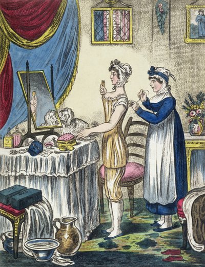 The Stays, płyta 1 z The Progress of the Toilet, c.1810 autorstwa English School