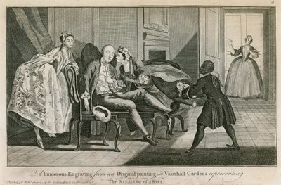 The Stealing of a Kiss: Humorystyczny grawer z oryginalnego obrazu w Vauxhall Gardens w Londynie autorstwa English School