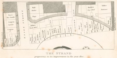 The Strand w Londynie, przed jego ulepszeniem w roku 1810; plan terenu autorstwa English School