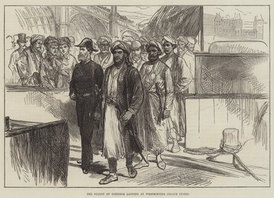 Sułtan Zanzibaru ląduje na schodach Pałacu Westminsterskiego (rycina) autorstwa English School