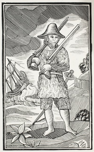 Zaskakujące życie i najdziwniejsze przygody Robinsona Crusoe z miasta York, Mariner, ilustracja z książki Chap-books of the Eighteenth Century Johna Ashtona, wyd. 1882 autorstwa English School