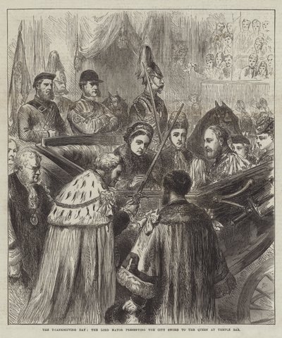 Święto Dziękczynienia, Burmistrz wręcza Królowej Miecz Miasta w Temple Bar (rycina) autorstwa English School