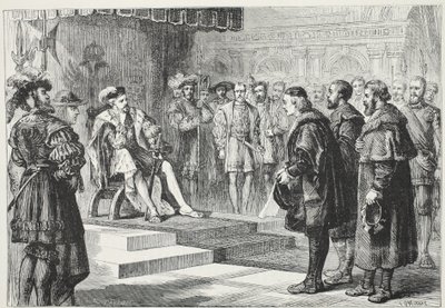 Trzej ambasadorowie protestanccy przed cesarzem Karolem, ilustracja z Historii protestantyzmu Jamesa Aitkena Wylie (1808-1890), wyd. 1878 autorstwa English School