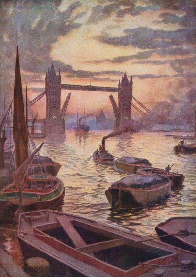 Tower Bridge (kolorowa litografia) autorstwa English School
