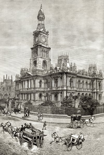 The Town Hall, Sydney, ok.1880, z „Australian Pictures” Howarda Willoughby’ego, opublikowane przez religijne Towarzystwo Traktowe, Londyn, 1886 autorstwa English School