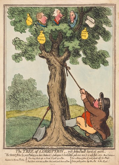 The Tree of Corruption, z Johnem Bullem ciężko pracującym, wyd. 1796 (grawerowanie ręcznie kolorowane) autorstwa English School