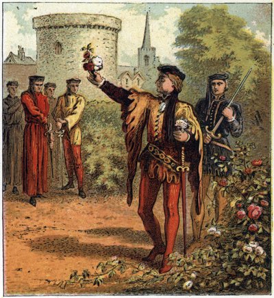 Wojna Dwóch Róż (1455-1485): początek konfliktu. Jeden Lord of the Royal House of York wybiera białą różę, a inny z Royal House of Lancaster wybiera czerwoną różę. Ilustracja angielskiej wojny domowej zrodzonej przez podział su autorstwa English School