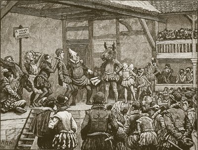 Aktorstwo jednej ze sztuk Szekspira w czasach królowej Elżbiety, ilustracja z Ilustrowanej Historii Anglii Cassella (zdjęcie w sepii) autorstwa English School