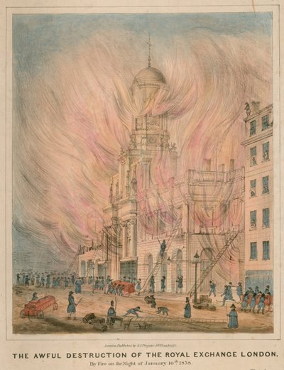 Okropne zniszczenie Royal Exchange w Londynie przez pożar w nocy 10 stycznia 1838 r autorstwa English School