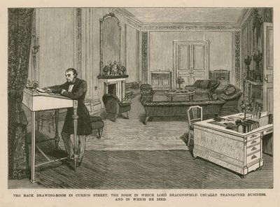 Tylny salon na Curzon Street w Londynie. Pokój, w którym lord Beaconsfield zwykle dokonywał transakcji i w którym zmarł autorstwa English School