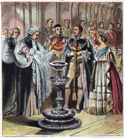 Chrzest księcia Walii, który został królem Edwardem VII (1841-1910), w obecności jego rodziców, królowej Wiktorii I (1819-1901) i księcia Alberta Saksonii Cobourg Gotha (Saksonia-Coburg-Gotha). autorstwa English School